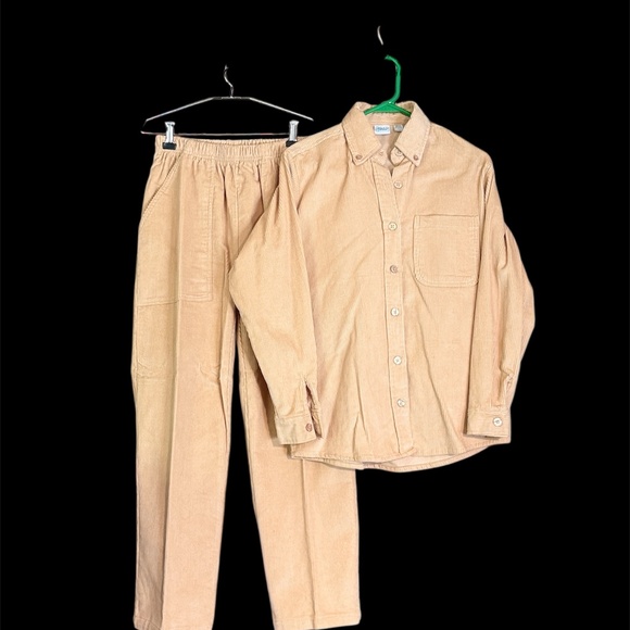 Haband 2-pc Set Button Up Corduroy Shirt Stretch Pants Cords Beige Cream S 8P - Picture 2 of 7